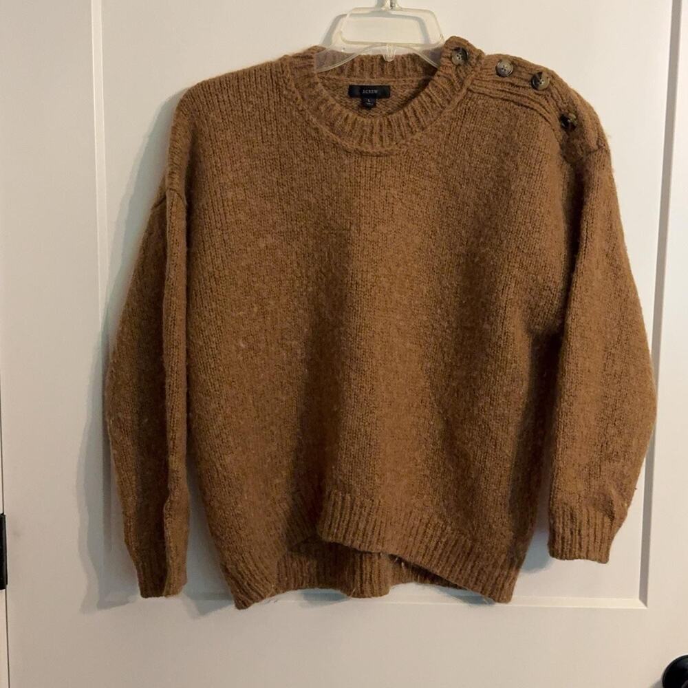 J.Crew Sweater Sz L Brown Alpaca Wool Crew Neck Button Shoulder Chunky Knit Prep
